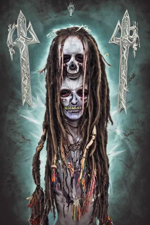 Image similar to a photorealistic of horror shaman with dreadlocks in sacrament of death and destruction