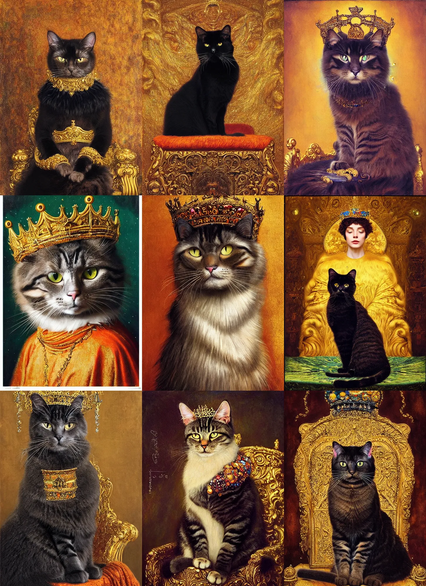 Prompt: “A majestic portrait of a cat wearing a crown, on a throne made of string,wearing a black fur coat, titian, Tom Bagshaw, Sam Spratt, maxfield parrish, gustav klimt, high detail, 8k, holy light rays, intricate vibrant iridescent colors, orange and gold”