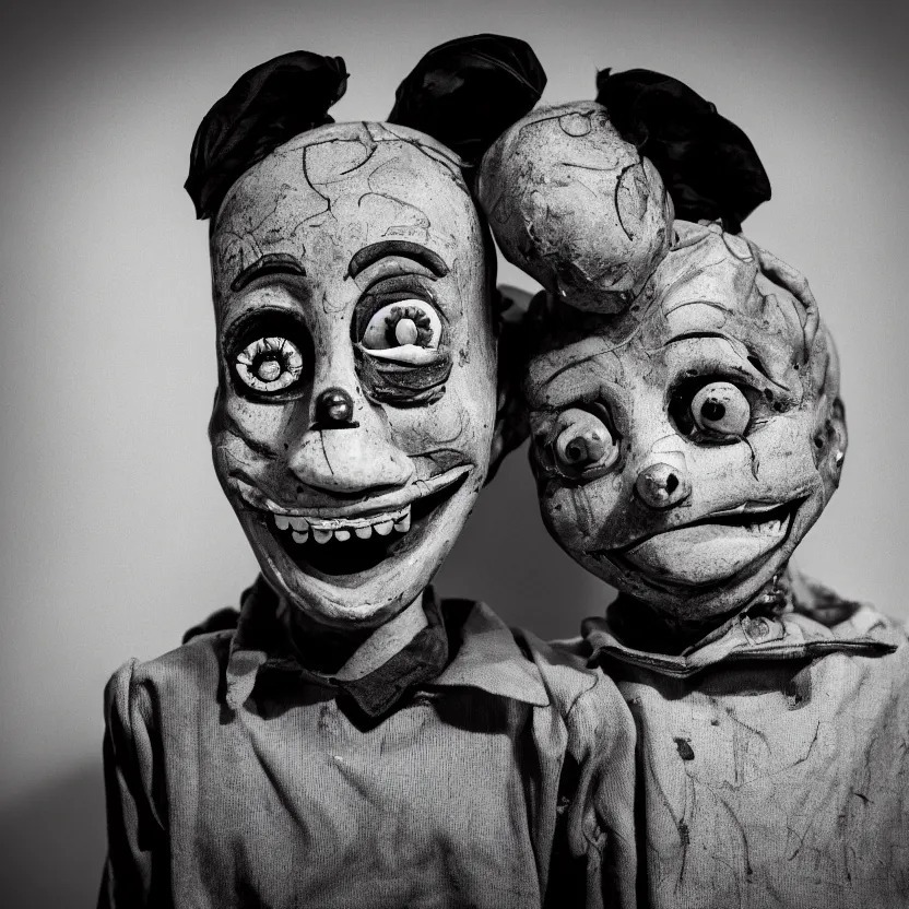 Image similar to creepy ventriloquist dummy in the style of roger ballen, 4 k, bw, portrait