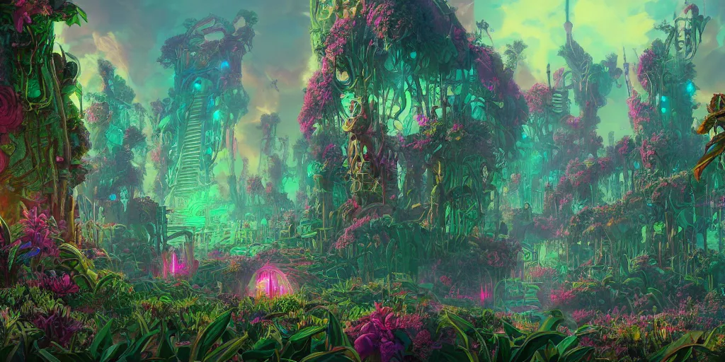 Prompt: synthwave synthwave a large zelda windwalker dungeon entrance in the valley of infinite flowers, filled with plants and habitats, hyper detailed, dieselpunk, technology, cinematic atmosphere, trending on artstation, cgsociety, pressed penny art