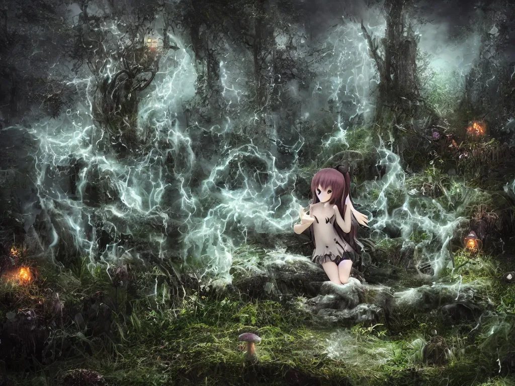 Image similar to cute fumo plush of a gothic maiden girl, overdose, overgrown flooded mystical mushroom forest temple, mysterious ritual over tempestuous stormy water, wisps of volumetric vortices of glowing smoke and fog, vignette, vray