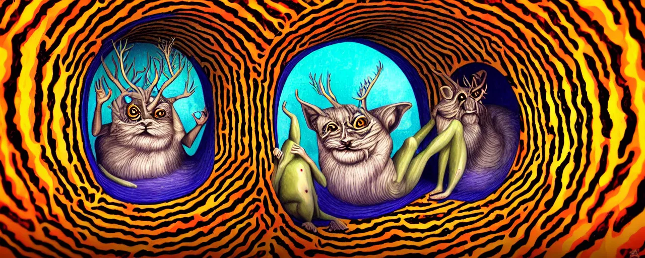 Prompt: deep ego - self axis tunnel with a strange whimsical wild creatures with endearing eyes, painted by ronny khalil