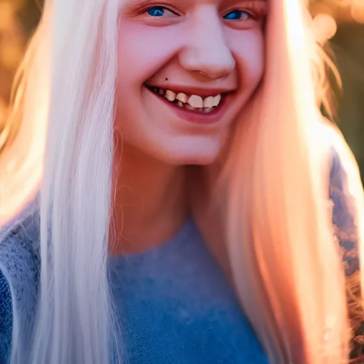 Prompt: beautiful hyperreal portrait of a cute thing young woman smiling softly, long white hair, flushed face, blue eyes, golden hour, soft focus, 8 k, portra 4 0 0