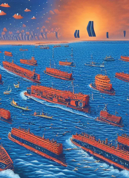 Prompt: a bridge turning into rows of ships, vintage shapes, retro technology, happy colors. rob gonsalves, oil on canvas, deep depth field, masterpiece, cinematic composition, hyperdetailed