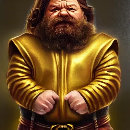 Prompt: a hyperrealistic painting of a saintly dwarven cleric that looks like ron swanson looking stoicly to the right, golden hour, iconography, cyberpunk