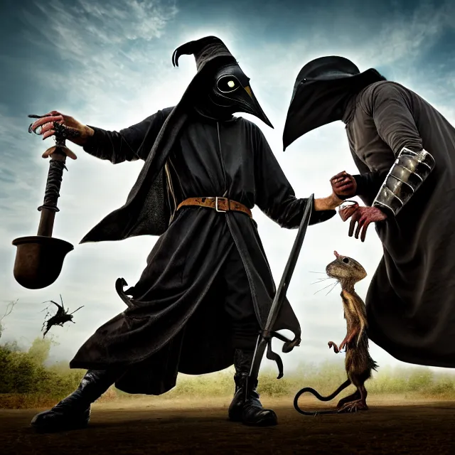 Image similar to plague doctor warrior confronting a giant plague rat, highly detailed, 8 k, hdr, smooth, sharp focus, high resolution, award - winning photo