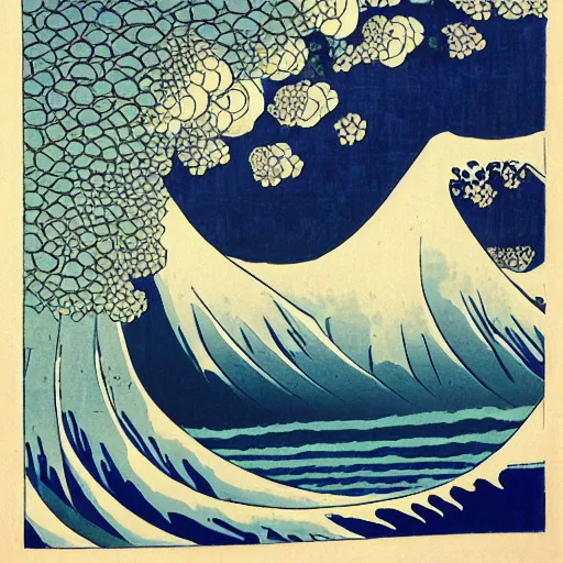 Image similar to generative abstract art by katsushika hokusai, storybook illustration, cool color palette, in a symbolic and meaningful style