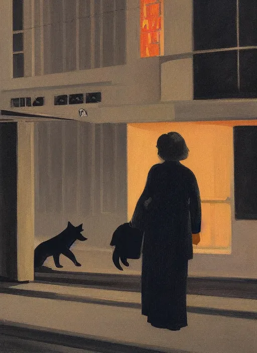 Image similar to woman with a black wolf on the night street by Edward Hopper and James Gilleard, highly detailed