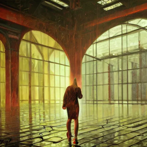 Image similar to beautiful woman, courtyard, capital, cybermosque interior, control panel, watcher, omniscient, tech noir, wet reflections, impressionism, matte painting, speed painting, chiaroscuro, oil on canvas