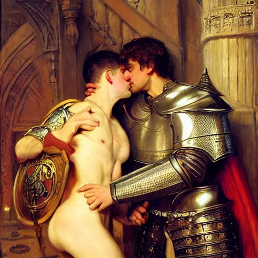 Image similar to attractive fully clothed arthur pendragon confesses his love for his attractive fully clothed male knight. highly detailed painting by gaston bussiere and j. c. leyendecker 8 k