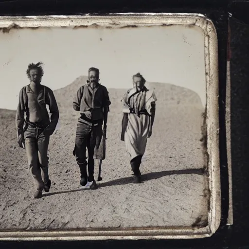 Prompt: group of worn down youths walking through nevada desert, carrying bindles, 2 0 3 7 tintype photograph