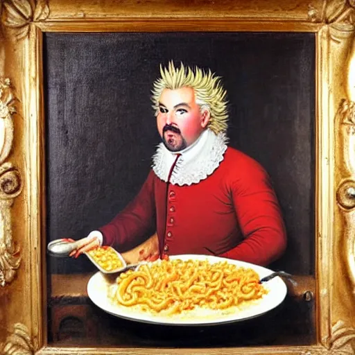 Image similar to an 1 8 th century portrait of guy fieri making a greasy macaroni and cheese sandwich, portrait, royal, oil on canvas