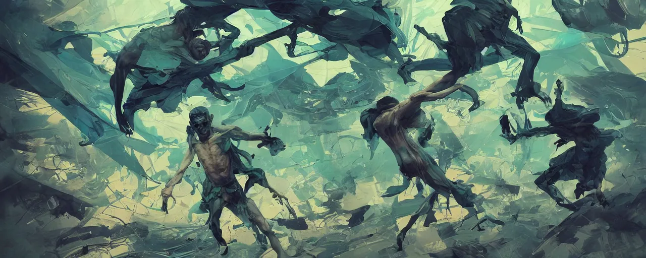 Prompt: duotone green blue illustration 3 / 4 portrait of gollum dancing like crazy. dynamic chaotic composition accidental renaissance golden ratio. by sachin teng and sergey kolesov and ruan jia and heng z. graffiti art, scifi, fantasy, hyper detailed. octane render. concept art. trending on artstation