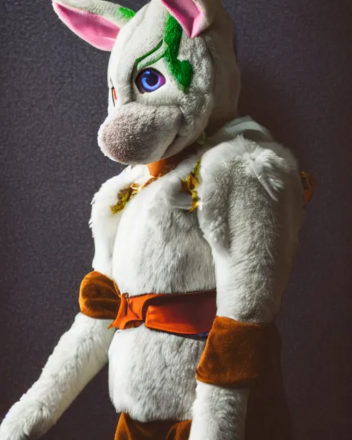 Image similar to portrait photo still of a young asriel dreemurr fursuit, 8 k, 8 5 mm f 1. 8