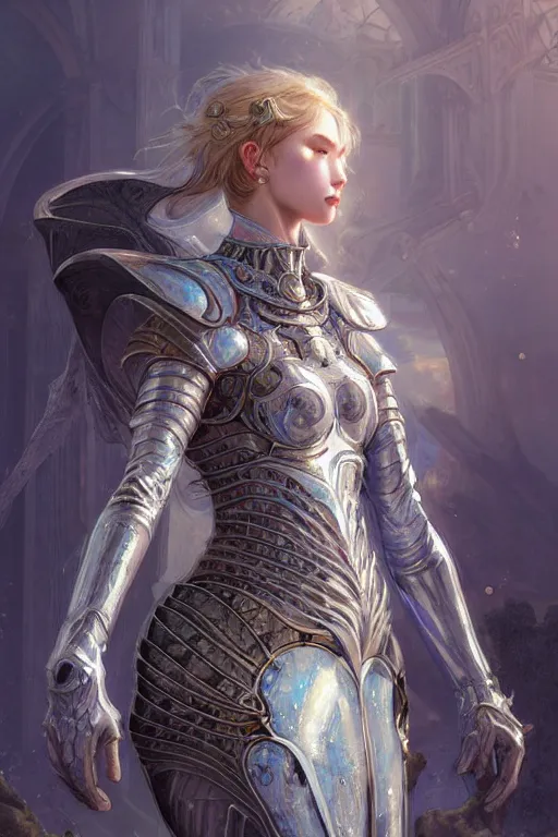 Image similar to portrait knights of zodiac girl, sliver ice color reflected armor, in ruined agora of athens sunrise, ssci - fi and fantasy, intricate and very very beautiful and elegant, highly detailed, digital painting, artstation, concept art, smooth and sharp focus, illustration, art by tian zi and wlop and alphonse mucha