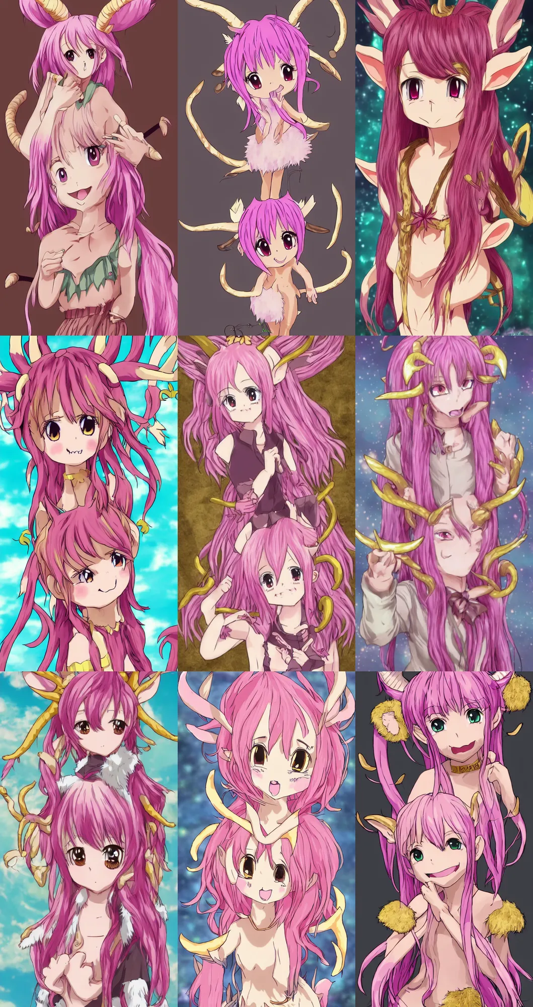 Prompt: Anime key art of a cute smiling faun with pink colored hair, her gold colored horns have notches, she has brown fur and a matching fluffy tail