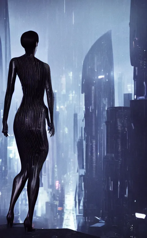 Image similar to an elegant Black woman in dress and heels, her back is to us, looking at a futuristic Blade Runner city, 8K