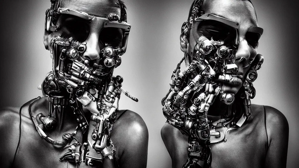 Prompt: Award winning photography of a cyberpunk bionic cyborg by David Yarrow