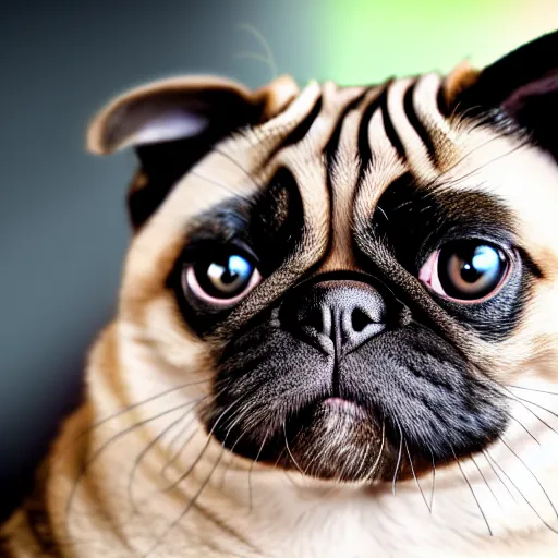 Image similar to a feline cat - pug - hybrid, animal photography