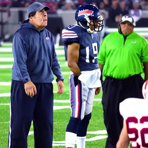 Prompt: A frustrated coach Belichick attempting to teach an android how to play football