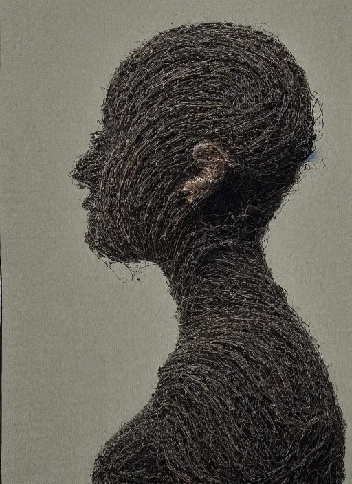 Prompt: a woman's face in profile, made of strands of yarn, in the style of the dutch masters and gregory crewdson, dark and moody