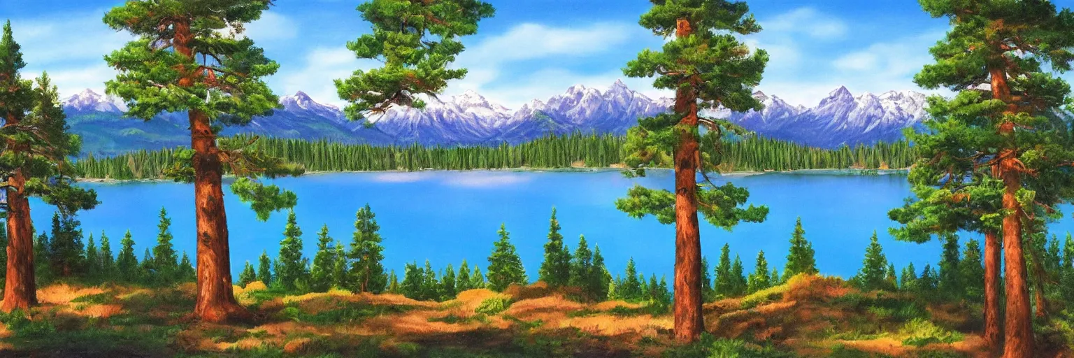 Image similar to a lake surrounded by pine trees with mountains in the background painted by Bob Ross
