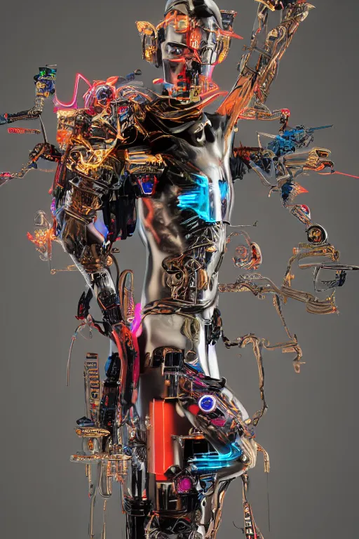 Image similar to full-body cyberpunk style sculpture of a young handsome Colombian prince half android with a chest opening exposing circuitry and electric sparks, glowing pink eyes, crown of blue flowers, flowing salmon-colored silk, fabric, raptors. baroque elements. full-length view. baroque element. intricate artwork by caravaggio. many many birds birds on background. Trending on artstation, octane render, cinematic lighting from the right, hyper realism, octane render, 8k, depth of field, 3D