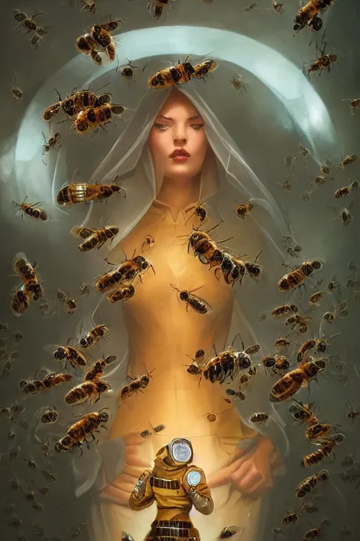 Image similar to fantasy beekeeper, stunning woman, wearing nanotech honeycomb robe, silky, surrounded by bees, futuristic, sci-fi, cinematic, wlop, greg rutkowski, peter mohrbacher