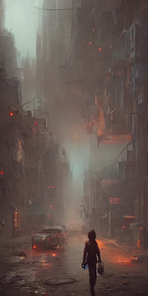 Prompt: a post apocalyptic street scene in the style of Sylvain Sarrailh, the occult, mysterious, strangeness, beautiful digital art, cinematic composition, detailed, concept art, Matt painting, oil painting, high res
