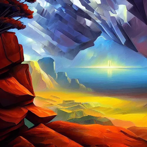 Image similar to palace valley cliff sharp focus weird geometric cinematic detailed by leonid afremov, artgerm, tim white, evgeny lushpin, android jones