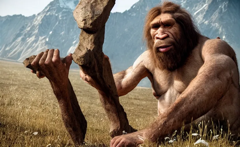 Image similar to made a portrait of neanderthal read science book about him in middle of nowhere, perfect dynamic posture, perfect dynamic pose, perfect dynamic form, pinterest, perfect dynamic position, award winning photo by national geographic, and pulittzer winner, bokeh, reduce duplication interference