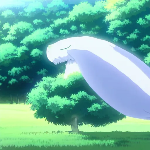 Image similar to big white whale flying near giant tree in the green field, anime, HD,