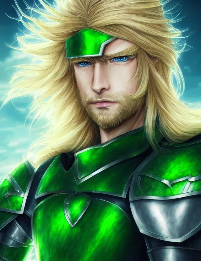 Image similar to an excellent anime portrait of a long haired blonde man with blue eyes in green armour glowing with green energy, trending on artstation, digital art, 4 k resolution, detailed, high quality, sharp focus, hq artwork, coherent, insane detail, character portrait, body portrait