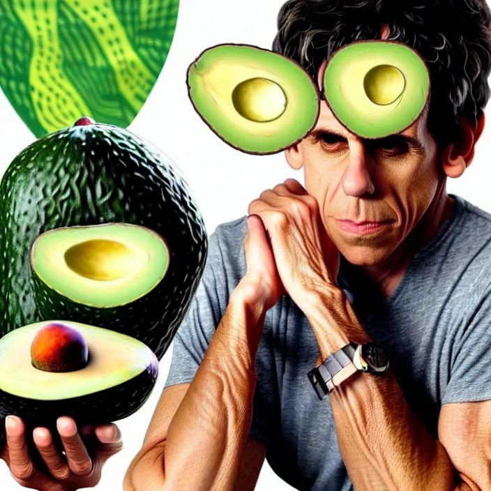 Image similar to ultra realistic illustration of ben stiller in the lotus position meditating with closed eyes, balancing stack of avocado on his head