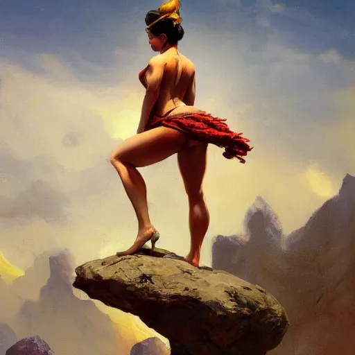 Image similar to a painting of a woman standing on top of a rock, a detailed matte painting by frank frazetta, artstation, fantasy art, lovecraftian, concept art, official art