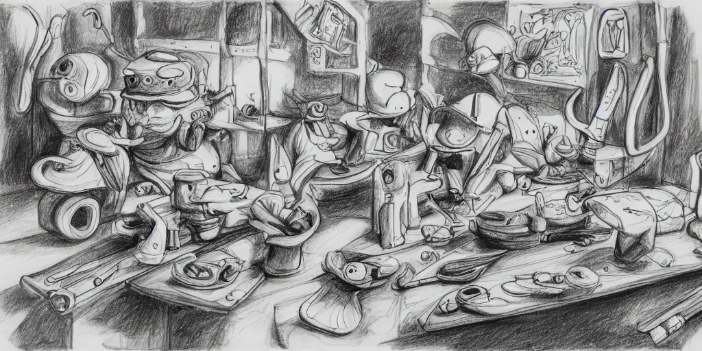 Image similar to high detailed drawing of smurfs and long white bones black and white, tables, tools, leaking oil, line art, pen & ink drawing