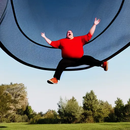 Image similar to a morbidly obese man jumping on a trampoline