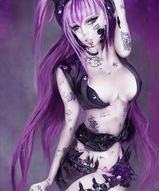 Image similar to kerli koiv anime goth girl with tattoos purple hair in mini skirt and crop top intricate, full body, extremely detailed, artstation, 8 k, sensual lighting, incredible art, wlop, artgerm