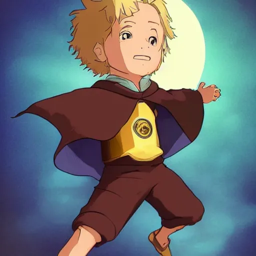 Prompt: blonde boy with glowing golden eyes wearing a brown cape and flying in t pose, in the style of studio ghibli, artgerm