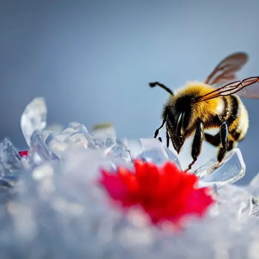 Image similar to a bee finding the last flower made of ice in antarctica, only snow i the background, beautiful macro photography, ambient light