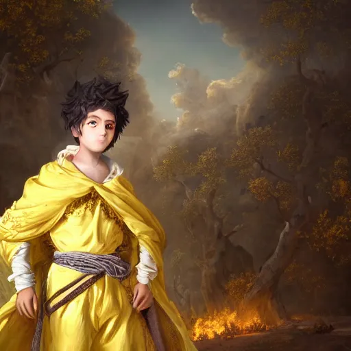 Image similar to A epic and beautiful rococo painting of a young arab boy covered in yellow cloth surrounded by wolves of ashes, standing before a desert of ashes. ultra-detailed. Anime, pixiv, UHD 8K CryEngine, octane render