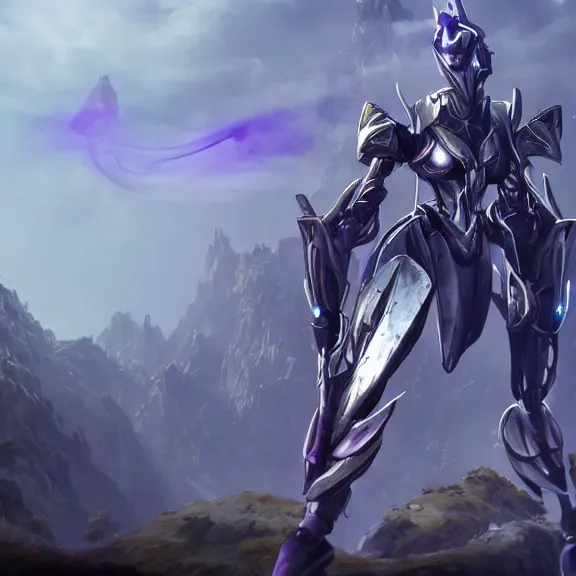 Image similar to extremely detailed cinematic low ground shot of a giant 1000 meter tall beautiful stunning female warframe goddess, that's an anthropomorphic hot robot mecha female dragon, silver sharp streamlined armor, detailed head, sharp claws, glowing Purple LED eyes, sitting cutely on a mountain in the background, a tiny forest with a village in the foregri, dragon art, warframe fanart, Destiny fanart, micro art, macro art, giantess art, fantasy, goddess art, furry art, furaffinity, high quality 3D realism, DeviantArt, Eka's Portal, HD, depth of field