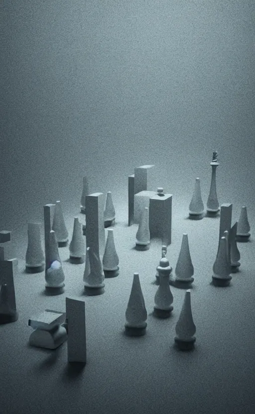 Prompt: surreal dali chess landscape, volumetric lighting, early morning, 3d liminal grainy aesthetic illustration, highly detailed, soft render