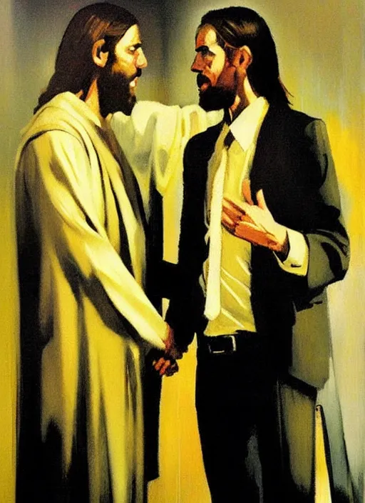 Prompt: 'jesus shaking hands with business man by phil hale, 'action lines'!!!, graphic style, visible brushstrokes, motion blur, blurry