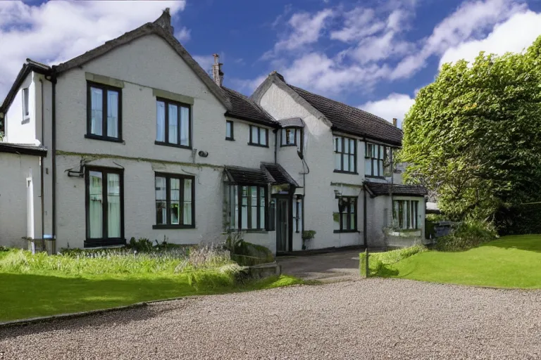 Image similar to cyberpunk, an estate agent listing photo, external view of a 5 bedroom detached countryside house in the UK, summer, sunny day, by Takashi Murakami