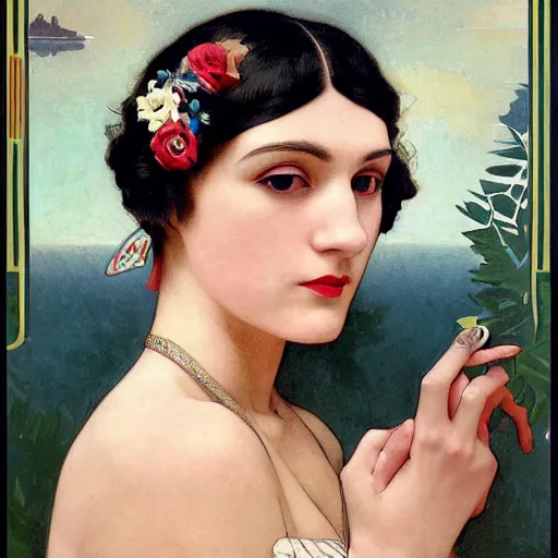 Image similar to a portrait painting of a 1 9 2 0 s woman in a flapper dress, highly detailed, art by tristan eaton and artgerm and william - adolphe bouguereau