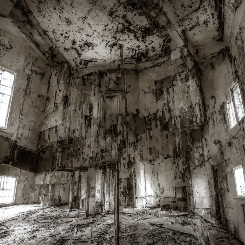 Image similar to exploring the inside of a haunted asylum, creepy, shadows, webs