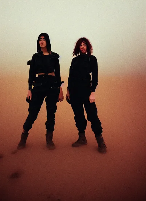 Image similar to cinestill 5 0 d photographic portrait of two loving clones, beautiful women wearing rugged black techwear on a desolate plain with a red sky, extreme closeup, lizard on ground, cyberpunk style, in front of a brutalist dark metal facility, dust storm, 3 5 mm, 8 k, f / 3 2, high resolution, ultra realistic faces