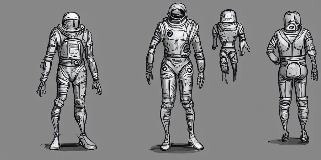 Prompt: male, fully body, science fiction space suit with a helmet, large shoulders, short torso, long thin legs, tiny feet, character sheet, funko, digital sketch, hyperdetailed, dieselpunk, stylized character design, concept design