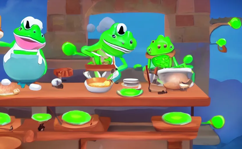 Image similar to game about a cute frog chef in italy, frog chef in foreground, unity screenshot,